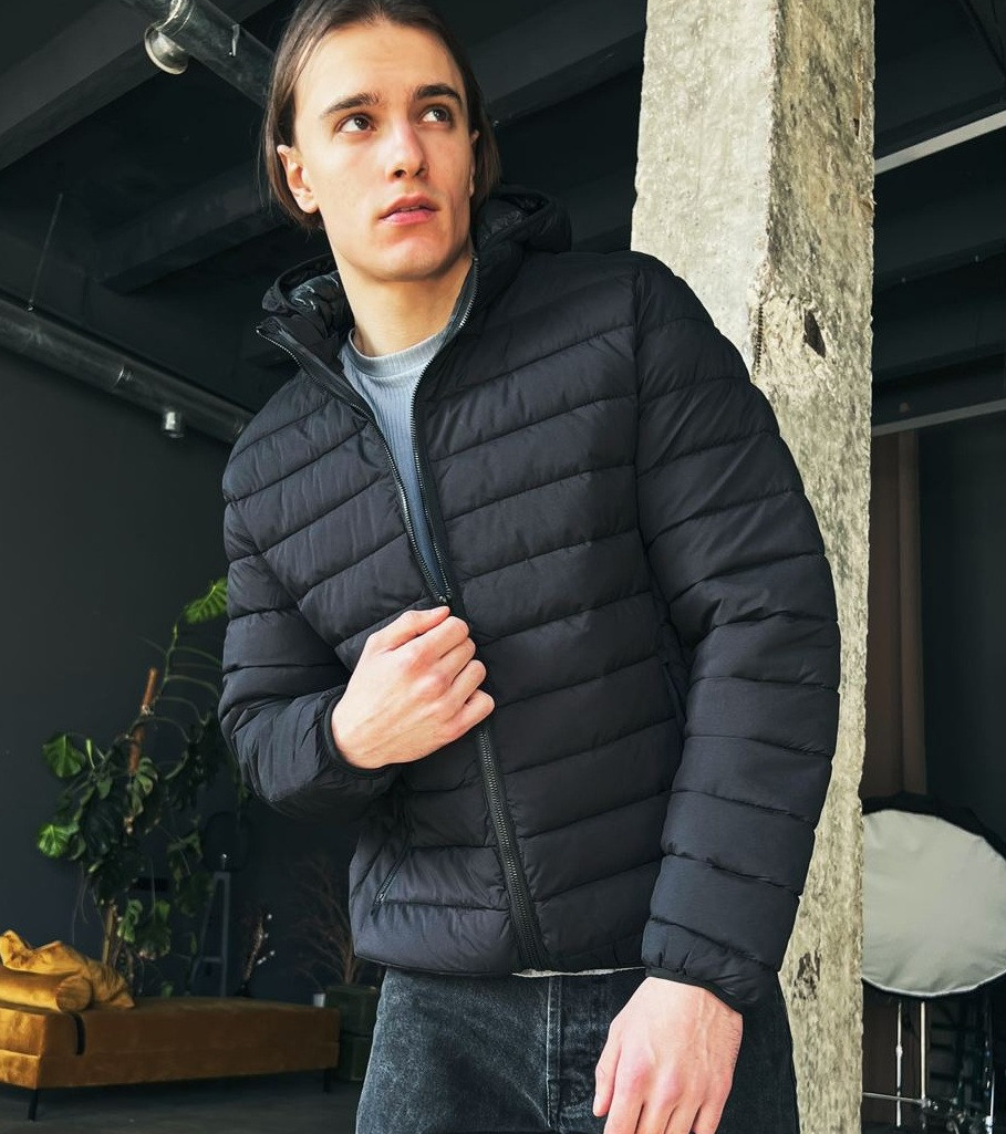 Куртка чоловіча весняна весна-осінь зі знімним капюшоном Туреччина чорна. Живе фото, фото 1