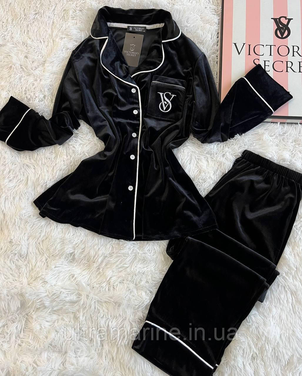 Стильна жіноча піжама Victoria's Secret комплект рубашка та штани оксамит чорний Вікторія Сікрет