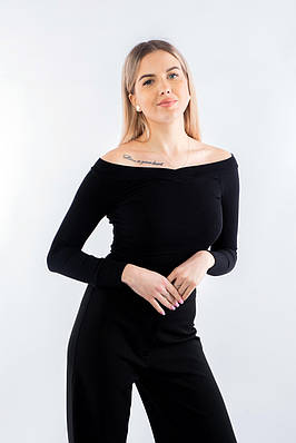 Лонгслів жіночий з глибоким вирізом бежевий чорний 2605 (2000000071701)
