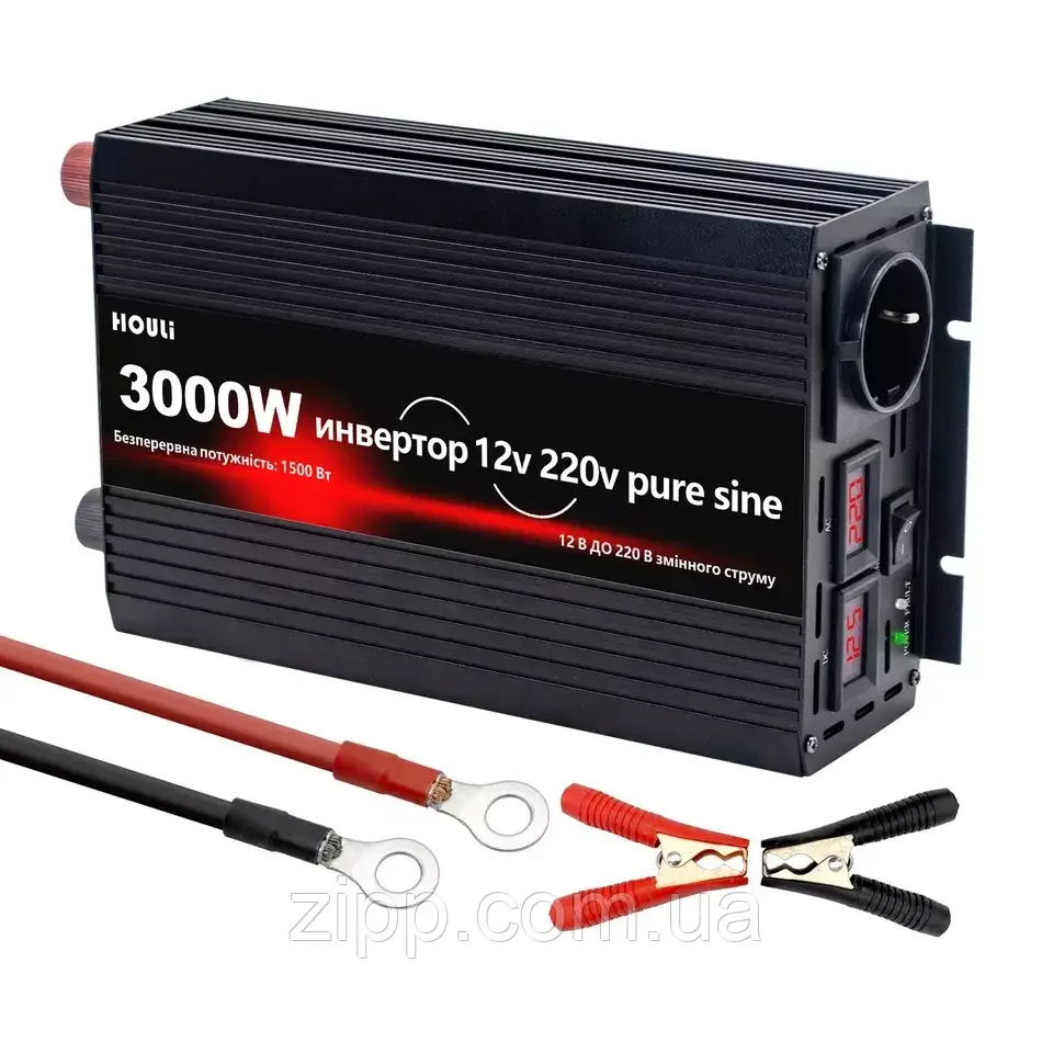 Перетворювач напруги Houli 12V/220V 3000W/1500W - 50Hz чистий синус