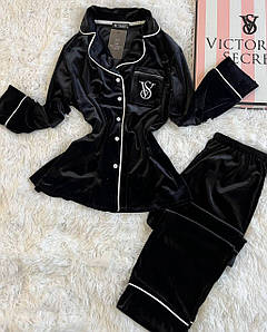 Стильна жіноча піжама бренд Victoria's Secret комплект рубашка та штани оксамит чорний