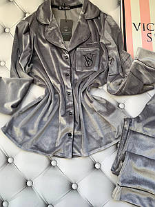 Стильна жіноча піжама Victoria's Secret рубашка та штани оксамит сіра Вікторія Сікрет