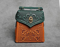 Кожаный зеленый рюкзак ручной работы, сумочка-рюкзак с авторским тиснением, стиль бохо