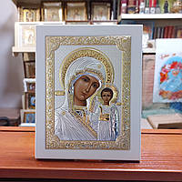 Срібна ікона 15х19 см Божої Матері Казанська на білому дереві з Греції