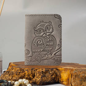 Обкладинка для ID паспорта жіноча шкіряна сіра з тисненням Сова | Обкладинка на права 4 відділ