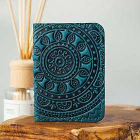 Обкладинка для ID паспорта жіноча шкіряна темно-бірюзова з тисненням Сонечко | Обкладинка на права