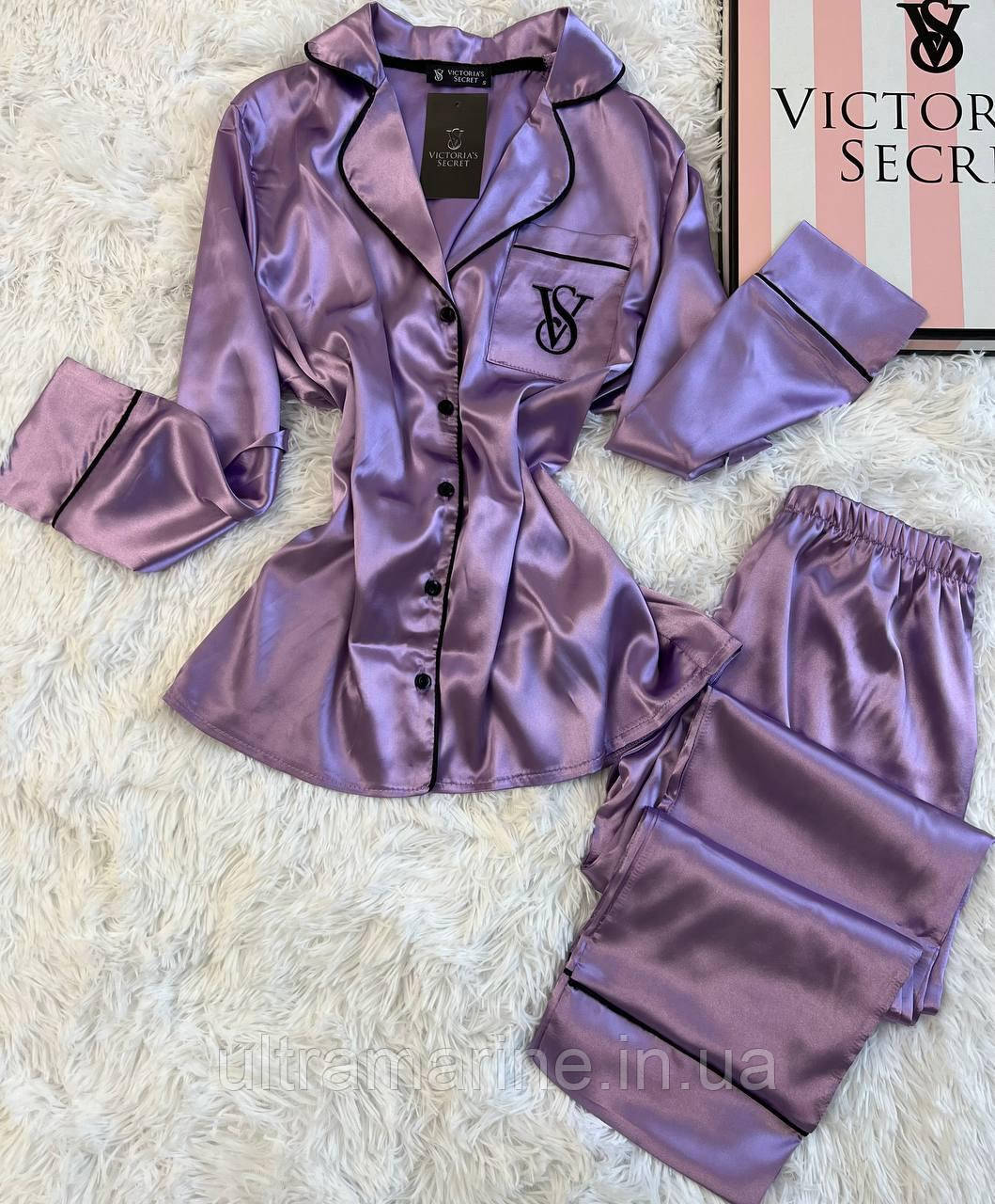 Шовкова ночна піжама Victoria's Secret з рубашкою лілова