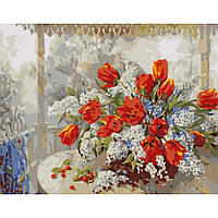 Картина за номерами Strateg ПРЕМІУМ Тюльпани та бузок 40*50 (GS129)
