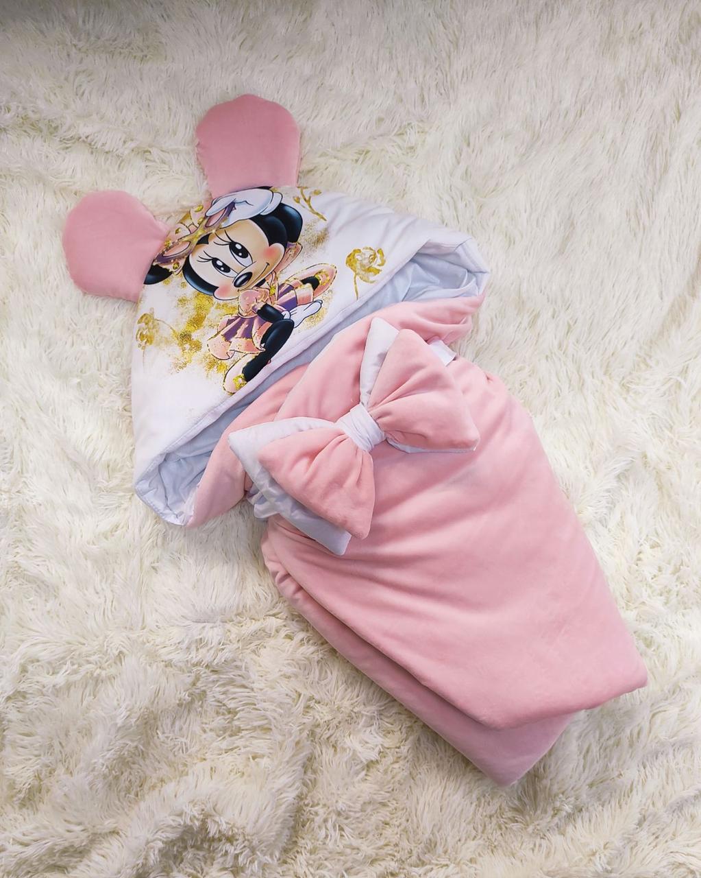 Велюровий демісезонний конверт з принтом Мінні для новонароджених, персиковий, фото 1