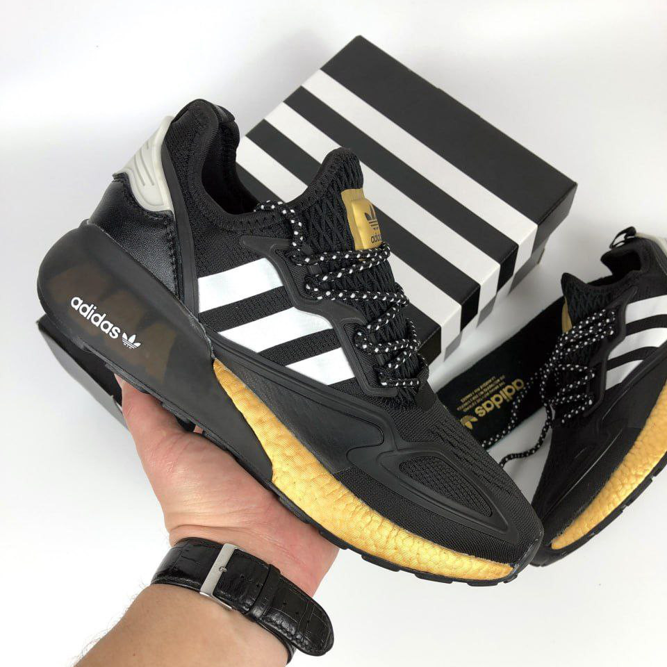 Чоловічі кросівки Adidas Zx 2K Boost 2.0 сіточка літні спортивні чорні білі золоті