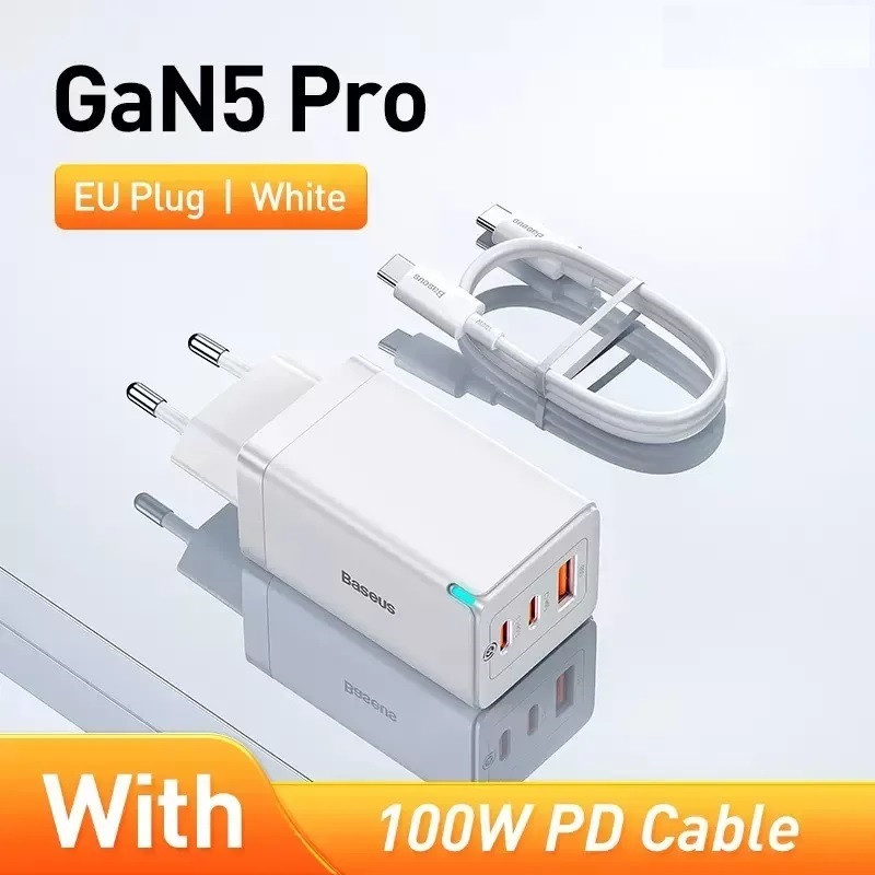 Мережевий зарядний пристрій Baseus 65W GaN5 Pro та кабель Type C to Type C PD 100W White (CCGP120202)