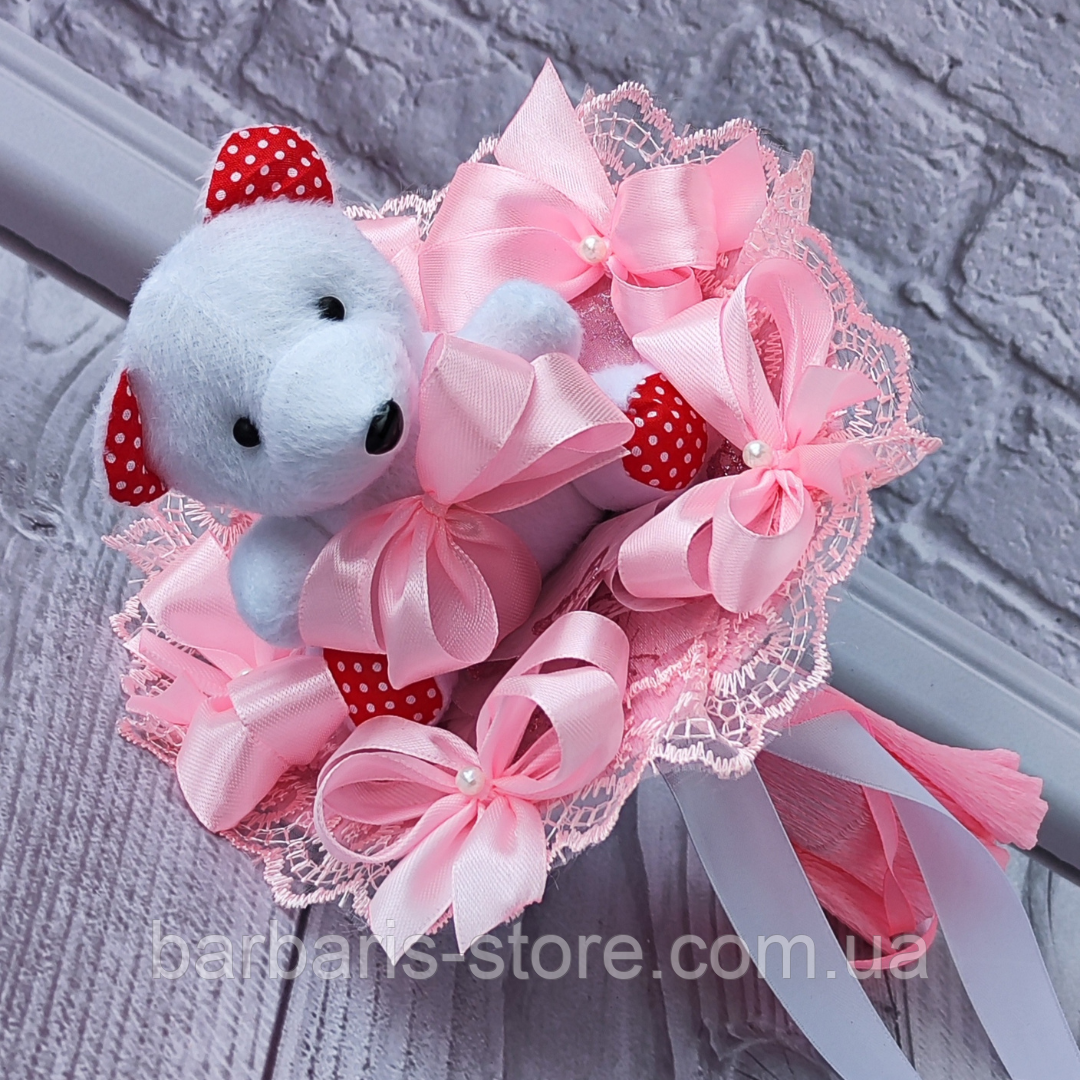 Рожевий букет з м'якої іграшки ведмедик для дитини оригінальний подарунок на свято хрестини