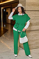 Женский стильный зеленый костюм-тройка из брюк, рубашки и кофты большие размеры