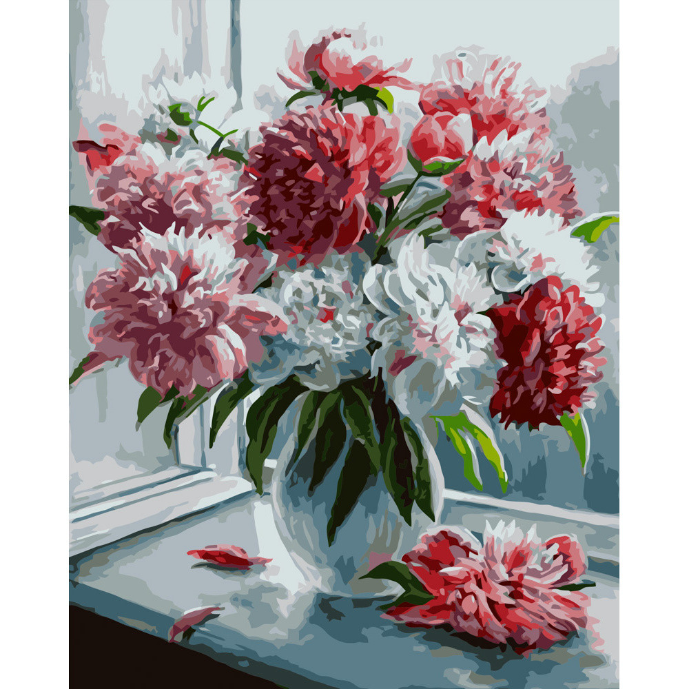 Картина за номерами Strateg ПРЕМІУМ Букет піонів біля вікна розміром 40х50 см (GS071), фото 1