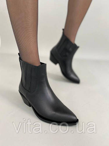 Купить Ботинки казаки женские кожаные черные на каблуке демисезонные ...