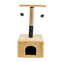 Когтеточка столбик с домиком и полочкой для котов Пухнастики Джут 38х35х50 см