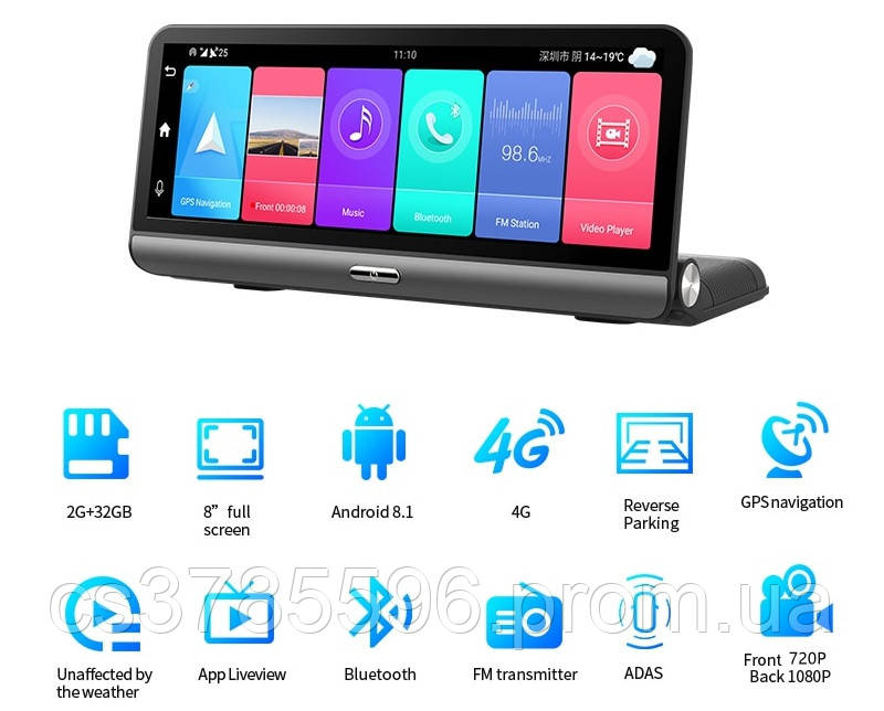 DVR K8 Видеорегистратор на торпеду - 2 камеры / GPS / 8"IPS Экран / 4Ядра / 32Gb / 2Gb Ram / Android - фото 1 - id-p1765809518