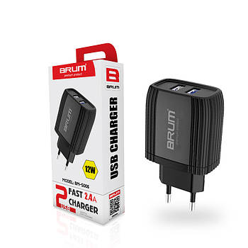 Мережевий зарядний пристрій BRUM BM-S006 2 USB 2.4 A + кабель Type C Чорний (KG-6060)