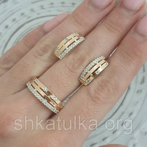 Срібний гарнітур сережки та каблучка Гамма із золотом і фіанітом