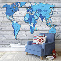 Флізелінові фотошпалери на стіну 254x184 см Синя карта світу на сірих дошках (10868V4)+клей