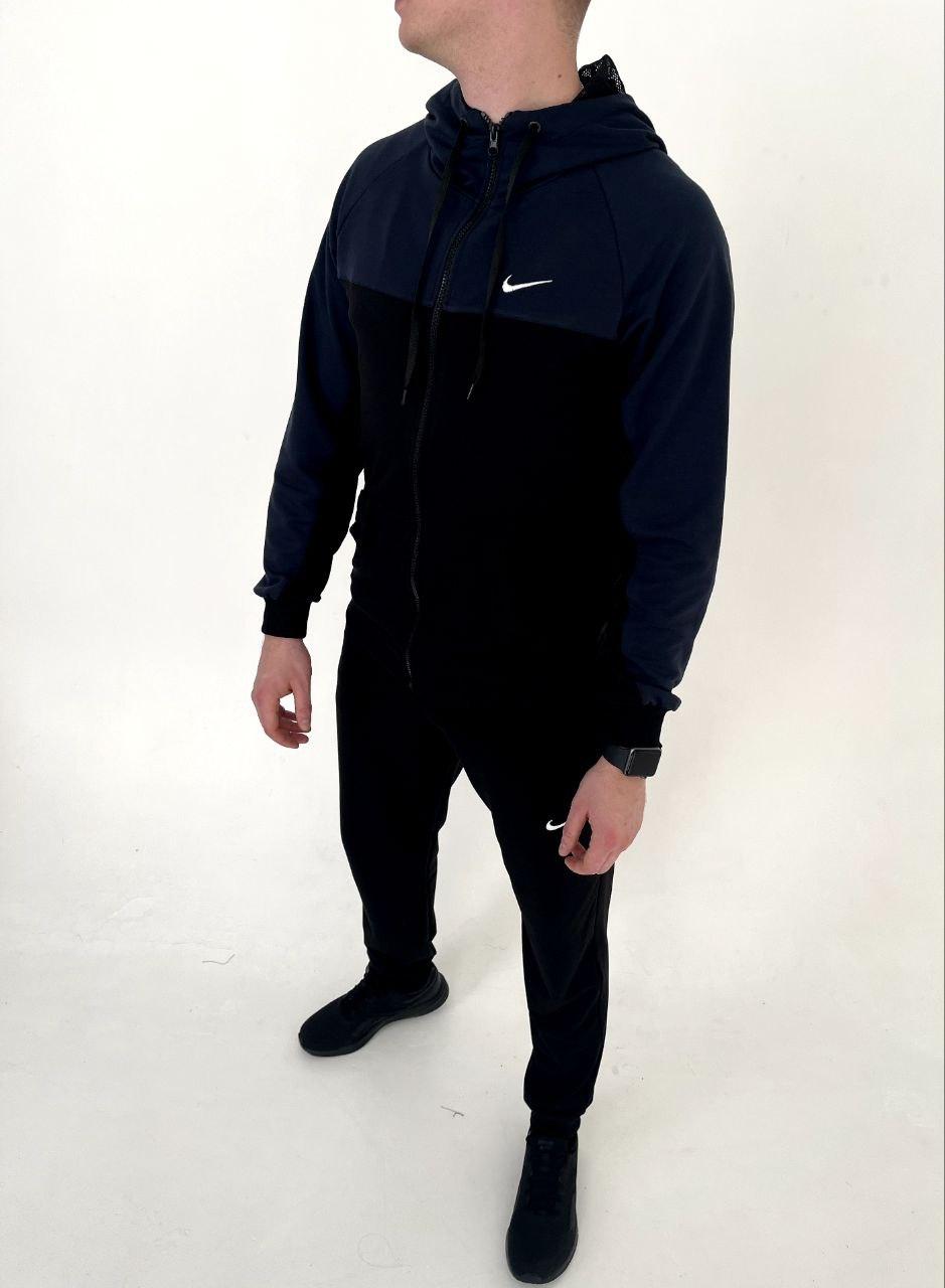 Чоловічий спортивний костюм Nike чорний із синім із капюшоном весняний осінній  ⁇  Комплект Найк худі та штани