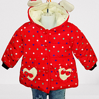 Куртка дитяча червона з різнокольоровим горошком та з вушками