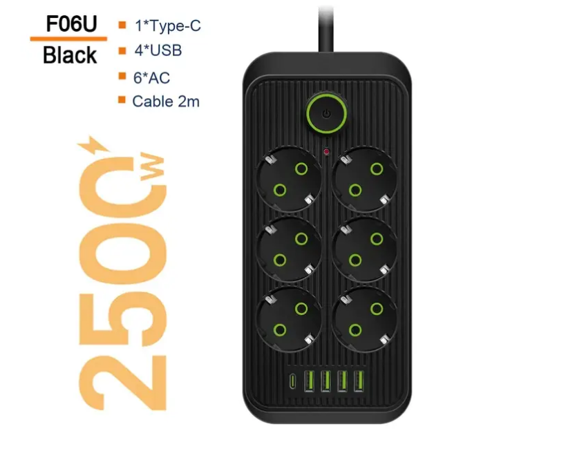 Фільтр живлення Power Socket F06U 6 розеток 4USB + 1 Type-C подовжувач 2м