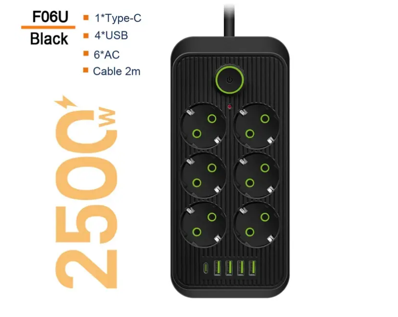 Фільтр живлення Power Socket F06U 6 розеток 4USB + 1 Type-C подовжувач 4м