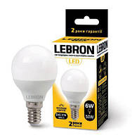 LED ЛАМПА LEBRON L-G45, 6W, Е14, 4100 K, 480LM, КУТ 220°, ШТ LKQ LEB 11-12-20