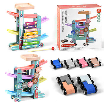 Багаторівневе дерев'яне паркування для машинок (4 поверхи, 6 машинок, ксилофон, в коробці) C 44894