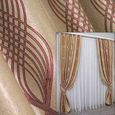 Комплект штор (2шт. 1,5х2,7м.) блекаут-софт. Колір бежевий із червоним. Код 574ш(Б) 30-488