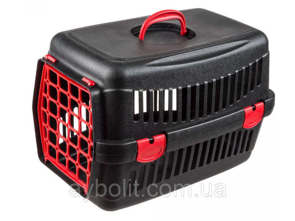 Переноска AnimAll для кішок і собак, чорна з червоними дверима, 48.5×32.5×32.5 см, фото 1