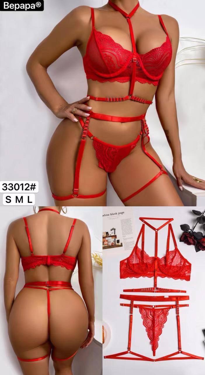 Сексуальна мереживна жіноча білизна - бюстгальтер, трусики, пояс, портупея (Чашка В/С), Червона