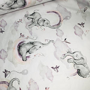 Бавовняна тканина польська сірі слоники з рожевими хмарами та веселками на білому (0463)