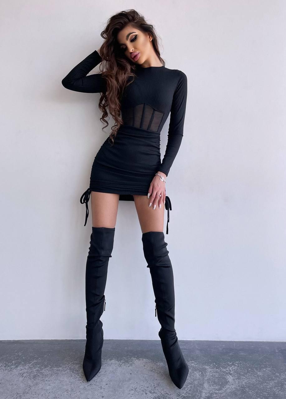 Трендова трикотажна жіноча міні сукня з імітацією корсета з сітки та регульованою спідницею Smb7932
