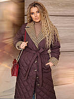 Плащ пальто жіноче стьогане утеплене демісезон великих розмірів з поясом коричневе