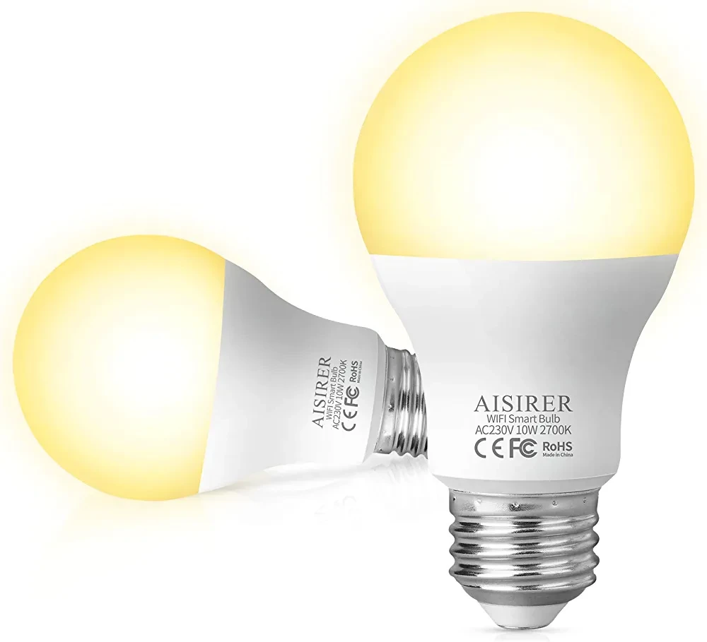 Розумні світлодіодні лампочки AISIRER 10 Вт, 900 лм, лампи WiFi E27 з регульованою яскравістю, теплий білий 2700 K