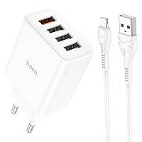 Зарядний пристрій HOCO C102A Fuerza 4USB QC3.0 з кабелем Lightning White S