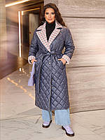 Плащ пальто жіноче стьогане утеплене демісезон великих розмірів з поясом сіре