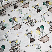 Хлопковая ткань польская мышки в чашках с разноцветными воздушными шариками на белом (0472)