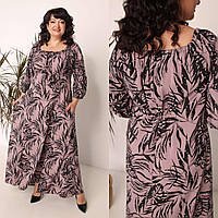 Жіноча повсякденна сукня максі з рукавом 3/4 темно-бежевого кольору з рослинним принтом. Розміри 48-58