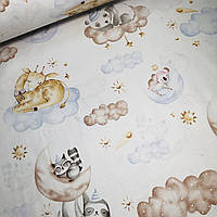 Хлопковая ткань польская спящие животные на бежево-голубых месяцах и облаках на белом (0473)