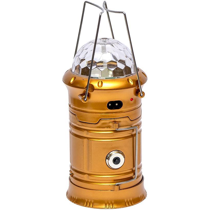 Хтар акумуляторний кемпінговый LED 3 в1 с диско-кулею зарядкиа від сонячної батареї та мережі  золотий
