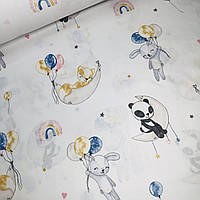 Хлопковая ткань польская панды,лисички и зайчики с воздушными шариками на месяцах на белом (0484)