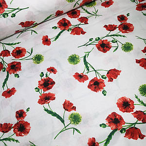 Бавовняна тканина польська червоні маки із зеленими листочками на білому (0488)