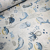 Хлопковая ткань польская морские обитатели в серо-голубых тонах на белом (0490)