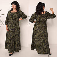 Жіноча повсякденна сукня максі з рукавом 3/4 кольору хакі з рослинним принтом. Розміри 48-58