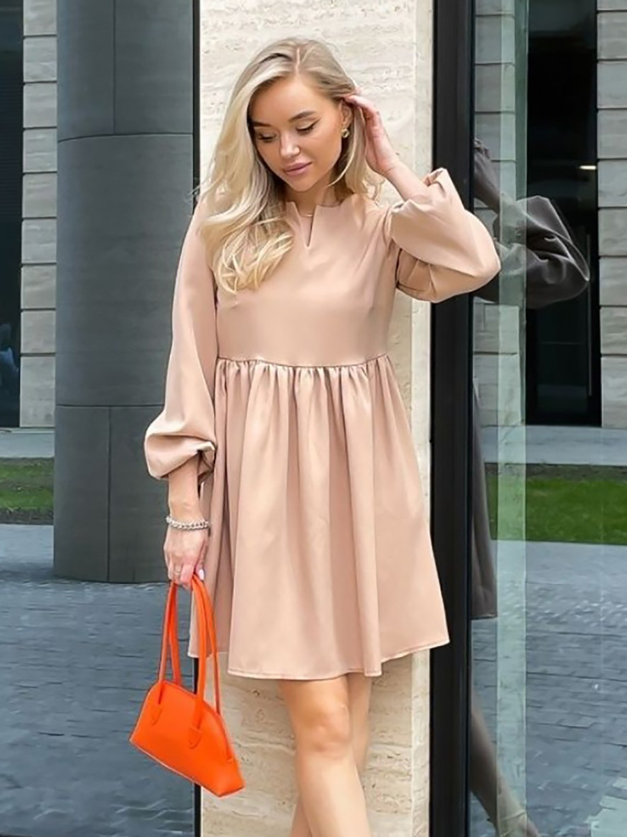 Вільне повсякденне плаття-міні, коротке зручне та нарядне, бежеве, фото 1