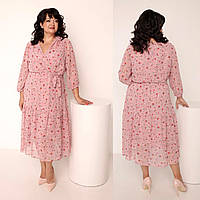 Жіноча повсякденна шифонова сукня міді з рукавом 3/4 персикового кольору з квітковим принтом. Розміри 50-56