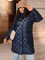 Плащ-куртка модная стеганая воротник стойка утепленное прямого покроя больших размеров синее